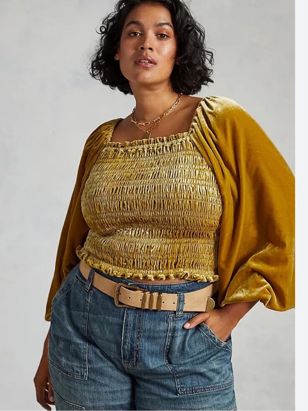 ANTHROPOLOGIE Golden velvet puff sleeve smocked bodice romantic long sleeve crop - Picture 9 of 15
